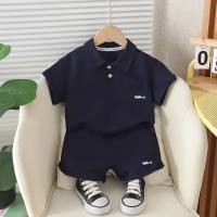Summer boys solid color polo shirt short sleeve two piece set  Black