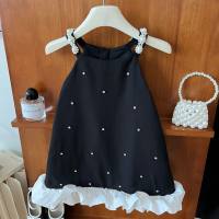 Girls beaded small Chanel style suspender skirt summer 2024 new children's girl heavy ruffle sleeveless dress  Black
