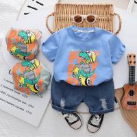 Children's cartoon printed loose casual T-shirt children's tops boys' short-sleeved summer clothes baby clothes children's clothing two-piece set  Blue