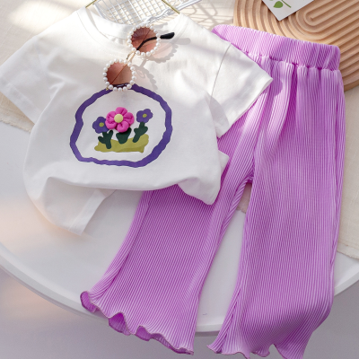 Roupas infantis meninas verão terno de duas peças flor tridimensional de manga curta camiseta bebê elegante cor sólida calças largas terno de verão