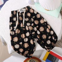 Summer floral fashionable Korean style loose thin summer anti-mosquito cooling bloomers for boys and girls  Black