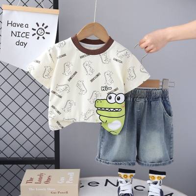 New style boy summer short-sleeved suit fashionable baby print dinosaur summer clothes children's denim two-piece suit