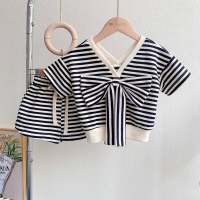 Children's striped suit girls short-sleeved T-shirt shorts two-piece suit  black and white stripes