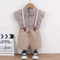 Boys summer short-sleeved suit 2024 new baby handsome and stylish denim baby suspenders children's two-piece set  Red