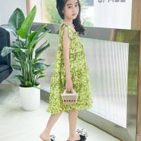 Verão meninas praia suspender vestido infantil saia elegante menina saia floral  Verde