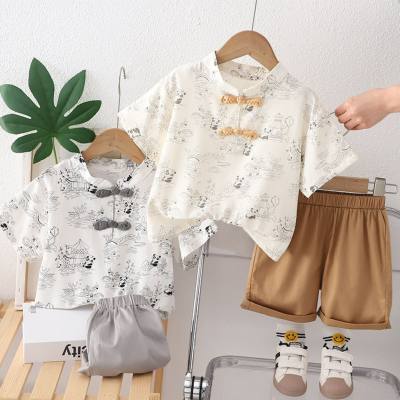 Summer new fashion panda garden button short-sleeved suit for children and middle-aged children, foreign style Chinese style short-sleeved suit for boys