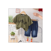 Traje de verano para niños 2023, nueva moda coreana, pantalones cortos de manga corta con cuello redondo, traje para niños pequeños y medianos y ropa de moda para bebés  Verde