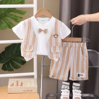 Summer new boys vest round neck short-sleeved suit baby boy one-year-old dress bow tie vest two-piece suit  Khaki