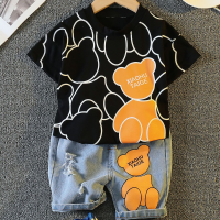 Children's summer clothing cartoon printed round neck T-shirt baby boy denim shorts children's suit short-sleeved children's clothing wholesale trend 1  Black