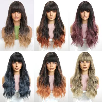 Wig for women with long hair and big waves, air bangs and gradient blue full head cover, matte high temperature wire