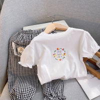 Girls summer children's suit new white T embroidered short-sleeved top lace plaid trousers baby girl clothes two-piece set  White