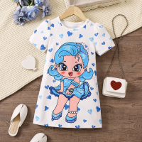Abbigliamento per bambini vestito per bambini nuovo stile ragazze cartone animato stampa intera girocollo manica corta vestito per bambini  Blu