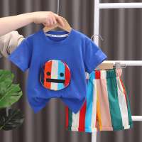 2023 children's clothing summer boys short-sleeved striped bear t-shirt Korean style trendy Japanese children's clothing  Blue