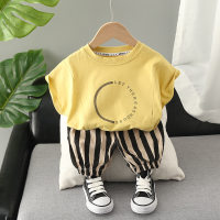 Children's short-sleeved suit 2024 new boys' Korean style summer bat short-sleeved girls' cropped pants two-piece style  Yellow