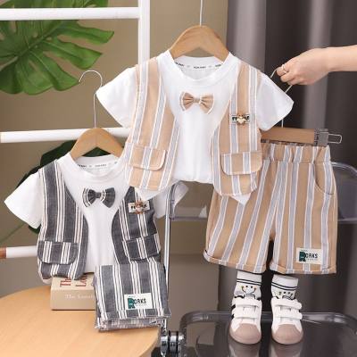 Summer new boys vest round neck short-sleeved suit baby boy one-year-old dress bow tie vest two-piece suit