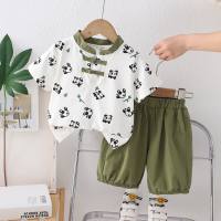 Children's Chinese style suit 24 new summer products boys new Chinese style button panda short-sleeved shorts two-piece suit trendy  Green