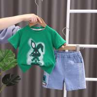 2023 children's clothing summer boys short-sleeved striped bear t-shirt Korean style trendy Japanese children's clothing  Green