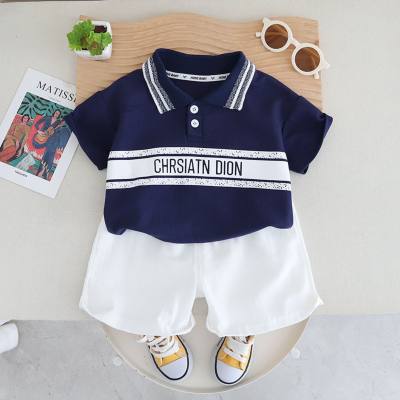 2024 summer new boys cartoon lapel polo shirt short-sleeved suit baby boy casual striped two-piece suit