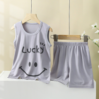 Conjunto de 2 piezas de chaleco y pantalones cortos con diseño sonriente y letras informales de verano para niño pequeño  gris