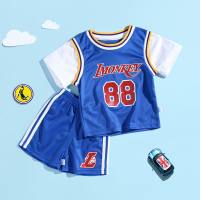 Children's summer basketball uniforms for boys and girls, fake two-piece short-sleeved shorts suit, sportswear, kindergarten performance uniform, jersey  Blue