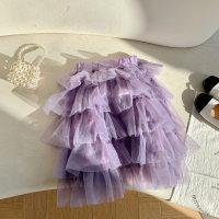 Girls mesh multi-layer skirt light luxury pleated cake skirt long skirt children's long puffy skirt skirt autumn and winter  Purple