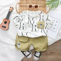 Boys' full-printed letter round neck short-sleeved suit baby boy casual shorts two-piece suit  Light Green