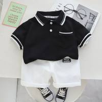 Ropa para niños guapos nueva temporada traje de manga corta con solapa de color sólido para niños conjunto de dos piezas de verano para bebés  Negro