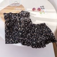 Girls' stylish floral suits 2024 summer new style sleeveless lace tops baby fashionable shorts two-piece suit  Black
