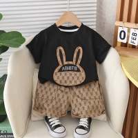 2024 summer new style boys and girls full print bunny short-sleeved children's clothing two-piece children's suit infant summer clothing trend  Black