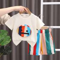 ملابس أطفال لعام 2023 تي شيرت صيفي للأولاد بأكمام قصيرة تي شيرت مخطط على الطراز الكوري ملابس أطفال يابانية عصرية   البيج