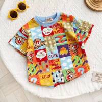 European and American style summer new children's short-sleeved round neck T-shirt for boys and girls cartoon print round neck top  Blue