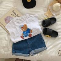 Camiseta de algodón puro para niños y niñas, chaleco de cuello redondo, top de media manga con dibujos animados, novedad de verano  Blanco