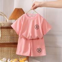 Children's men's and women's summer short-sleeved suits waffle medium and large children's casual two-piece suits for boys and girls  Pink