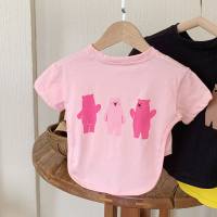 Camiseta de manga curta de algodão puro estilo floresta três ursinhos estilo verão  Rosa