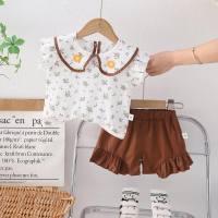 Girls' fashionable short-sleeved suits, summer clothes, infants, baby doll collar, floral tops, summer thin shorts, children's clothes  Brown