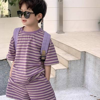 Verano niños pantalones cortos a rayas de manga corta vestido de suéter a rayas púrpura de dos piezas tendencia de moda Casual