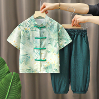 Anzug im chinesischen Stil für Jungen 2024 neuer Stil Hanfu Sommer kurzärmelige verkürzte Hose neuer Tang-Anzug im chinesischen Stil mit Knöpfen  Grün
