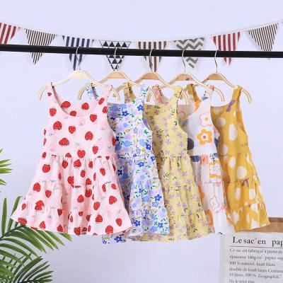 Kinderkleid 2024 Sommer neuer Stil Mädchenkleidrock stilvolles mittleres und großes Kinderprinzessin-Blumenhosenträgerrock-Nachthemd