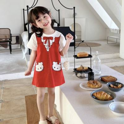 Summer new style cartoon printed short-sleeved trendy mid-length T-shirt dress fake two pieces