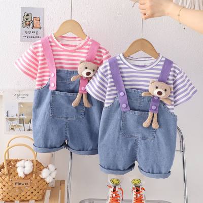Children's summer wear bear suspenders denim shorts suit for girls fashionable striped short-sleeved two-piece suit
