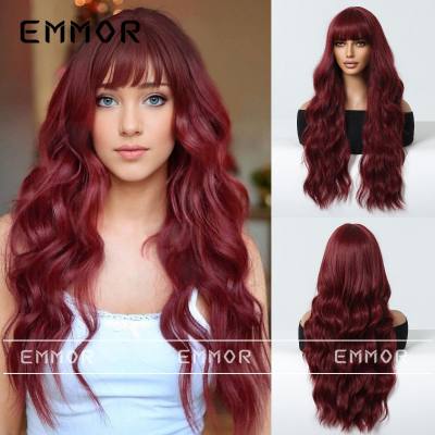 Burgundy bangs, big waves and waist-length curly hair, temperament and fashionable wig full head hairstyle