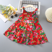 Kinderkleid 2024 Sommer neuer Stil Mädchenkleidrock stilvolles mittleres und großes Kinderprinzessin-Blumenhosenträgerrock-Nachthemd  rot