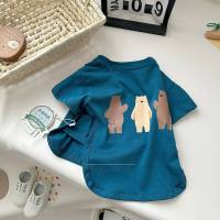 Camiseta de manga curta de algodão puro estilo floresta três ursinhos estilo verão  Azul