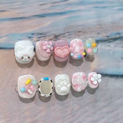 Uñas originales hechas a mano, pegatinas para uñas con diseño de gatito rosa y tierno
