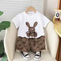 2024 new summer Korean children's clothing bear and rabbit boys and girls short-sleeved two-piece summer children's suit  White
