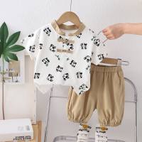 Children's Chinese style suit 24 new summer products boys new Chinese style button panda short-sleeved shorts two-piece suit trendy  Khaki