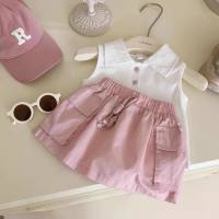 Girls suit lapel sleeveless vest plus skirt 2024 summer new foreign trade children's clothing for 3-8 years old  Pink