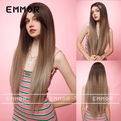 European and American style new product bangs champagne brown long straight hair temperament goddess wig full head hairstyle hair