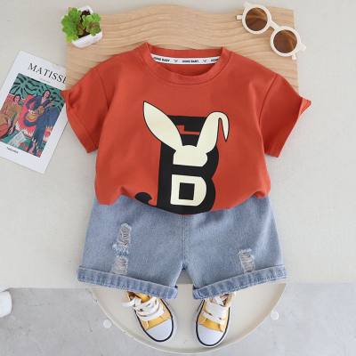 Boys summer short-sleeved suits new style denim shorts thin children's suits handsome two-piece suits