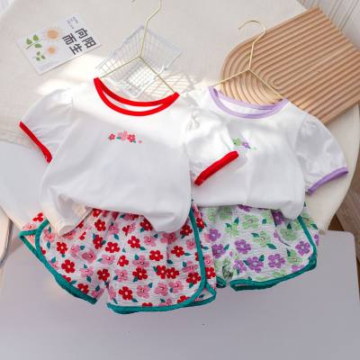 Girls summer fresh floral suit children's Korean style short-sleeved T-shirt fashionable shorts baby two-piece suit